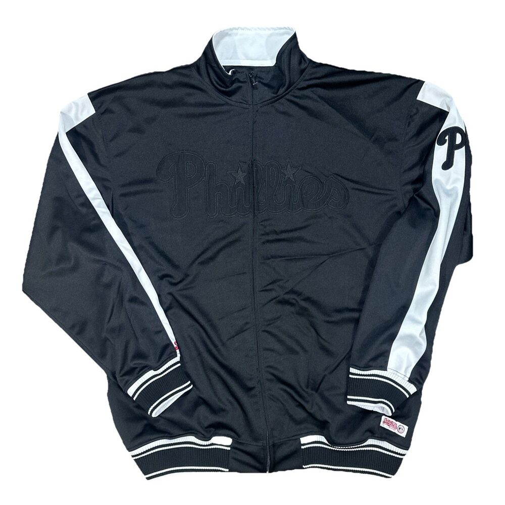 MLB Philadelphia Phillies Zip Up Jacket Stitches Embroidered Black Mens Size XL